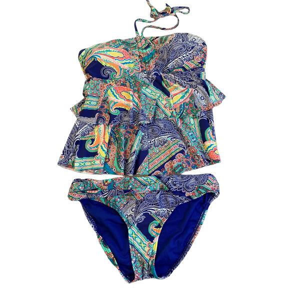 Kenneth Cole 2 piece paisley ruffle tankini S/M - Picture 1 of 8